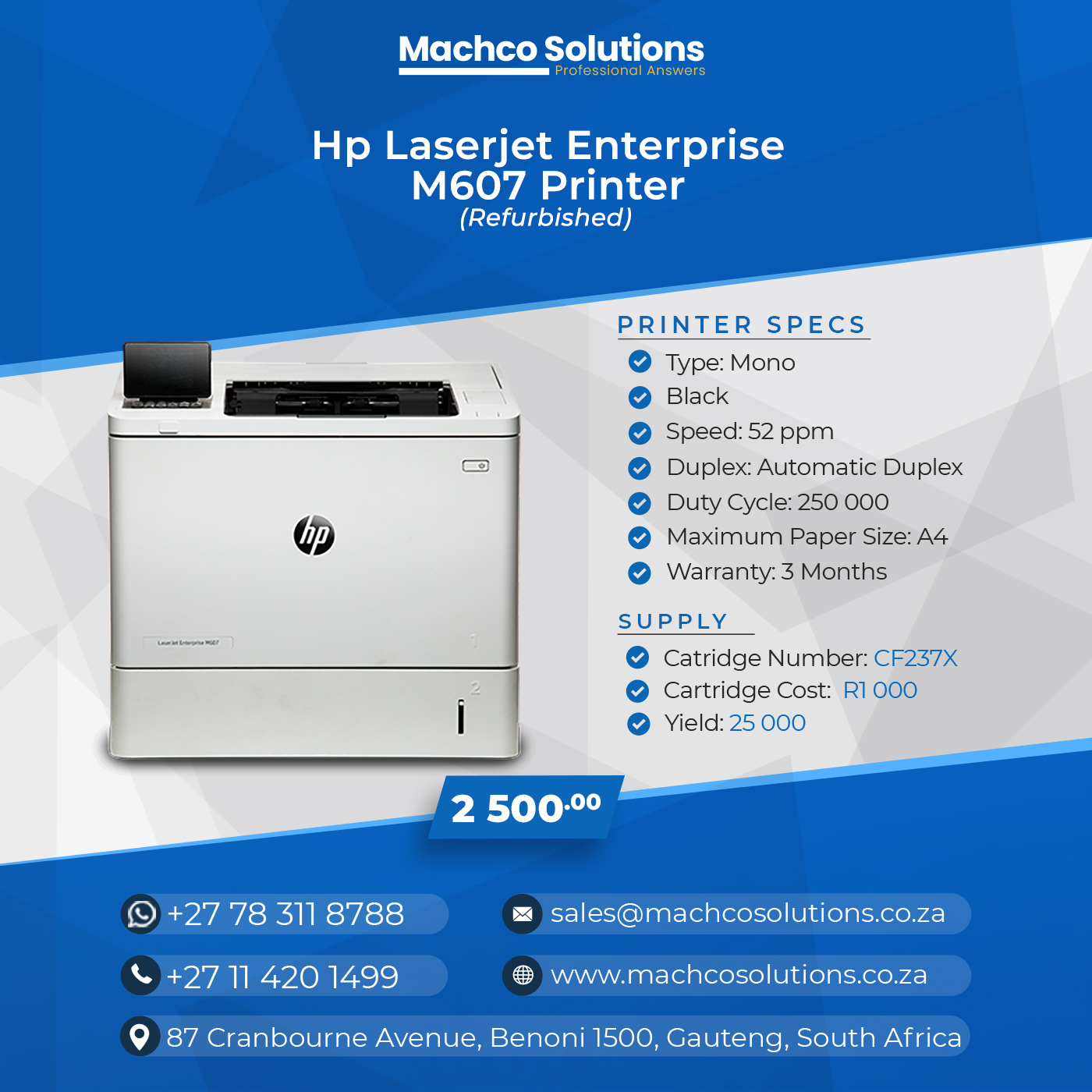HP Laserjet Enterprise M607 Printer (Refurbished) - Image 2