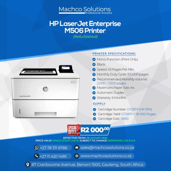 HP Laserjet Enterprise M506 Mono Printer (Refurbished)